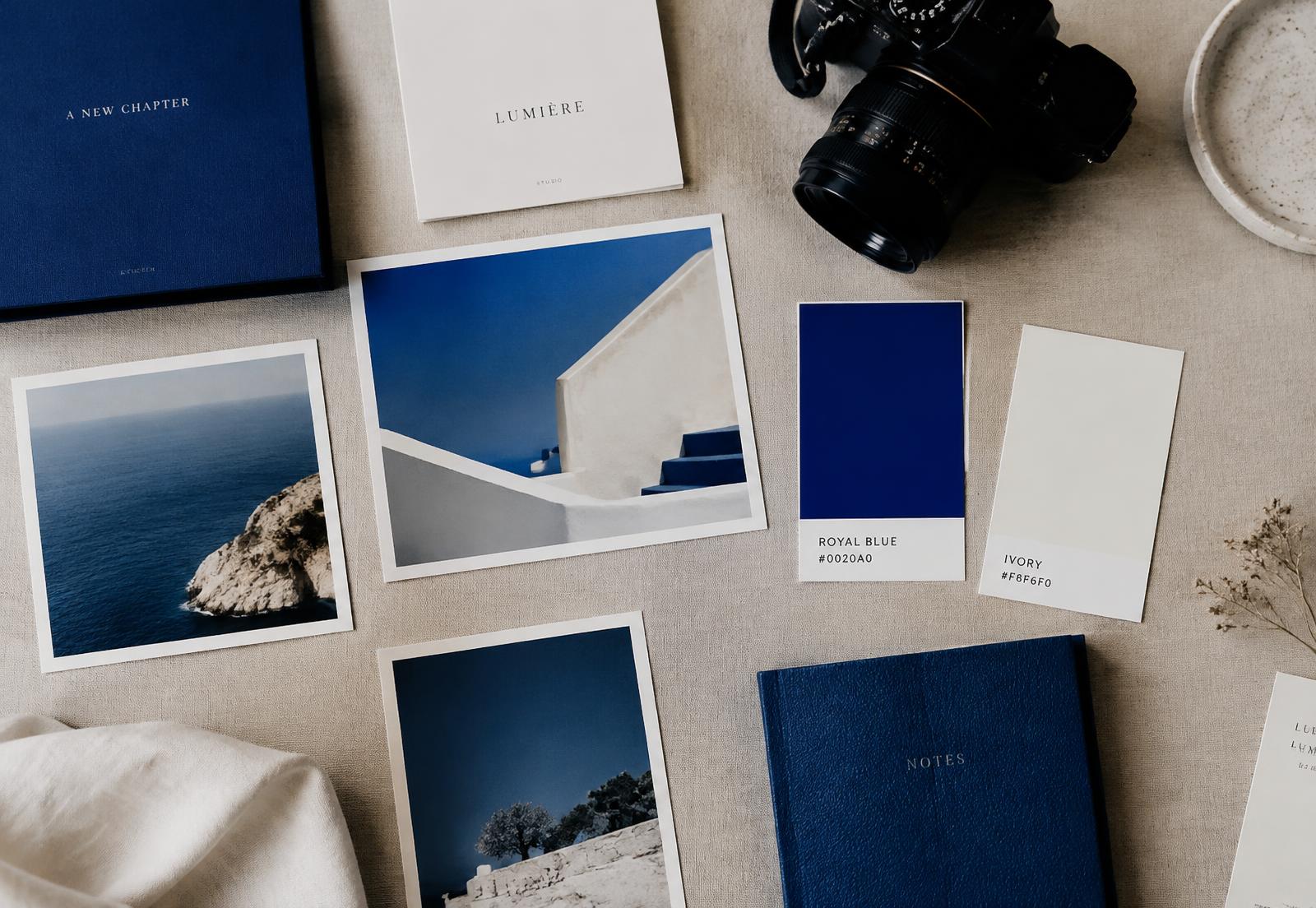 Flat lay of brand photography and color swatches